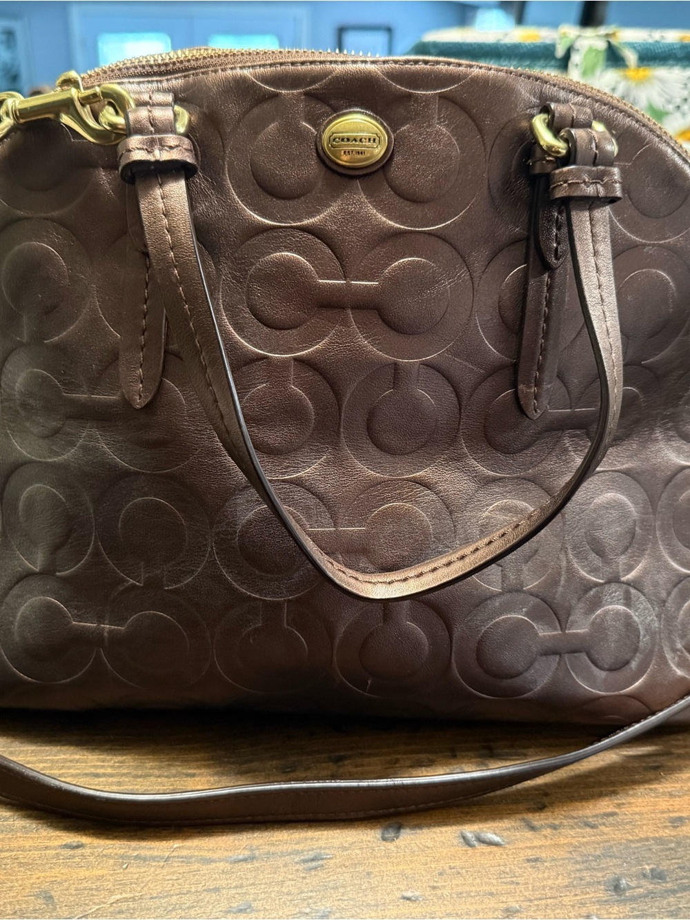 Coach Chocolate Brown Embossed Signature Satchel with Gold-Tone Accent